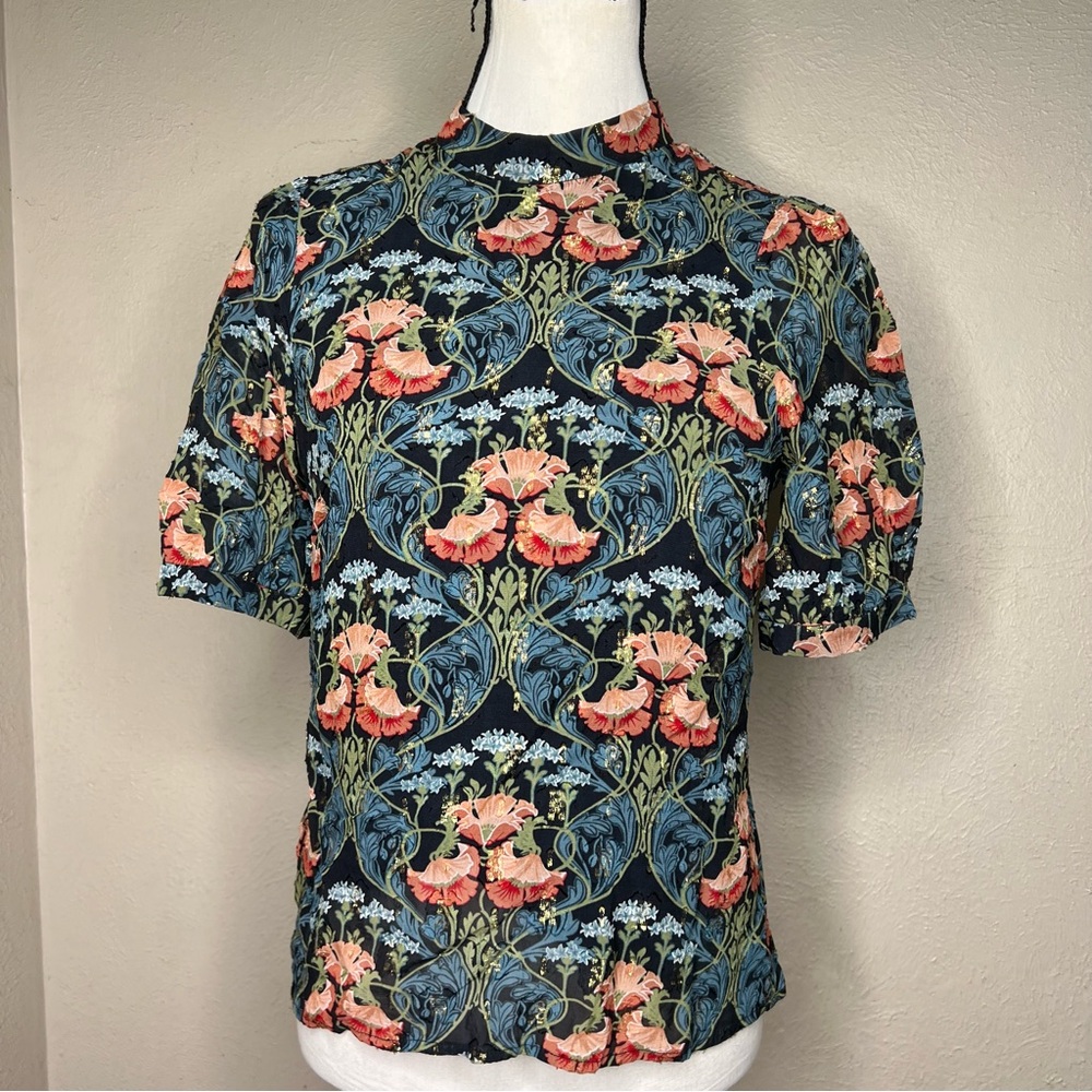 Meadow Rue navy blue art nouveau floral short sleeve blouse with gold accents